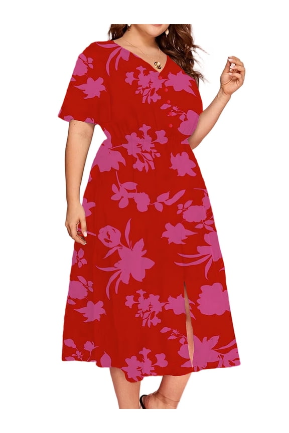 Women's summer casual plus-size Bohemian-style swing wrap dress with floral prints, V-neck and cinched waist, flowing and elegant mid-length dress 1X-5X