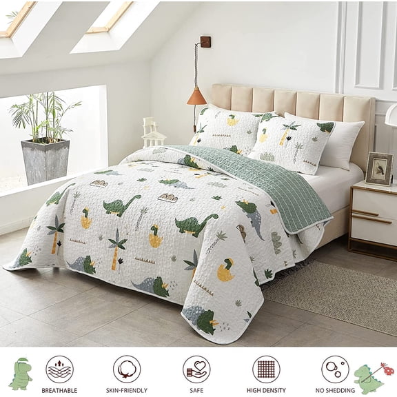2-Piece Cotton Quilt Set Twin, Dinosaur Theme Green Color Design for Kids Boys n Girls, Smooth Soft Quilt Bedspread Bed Cover for All Season, 1 Quilt and 1 Pillow Sham- 68x86 inches