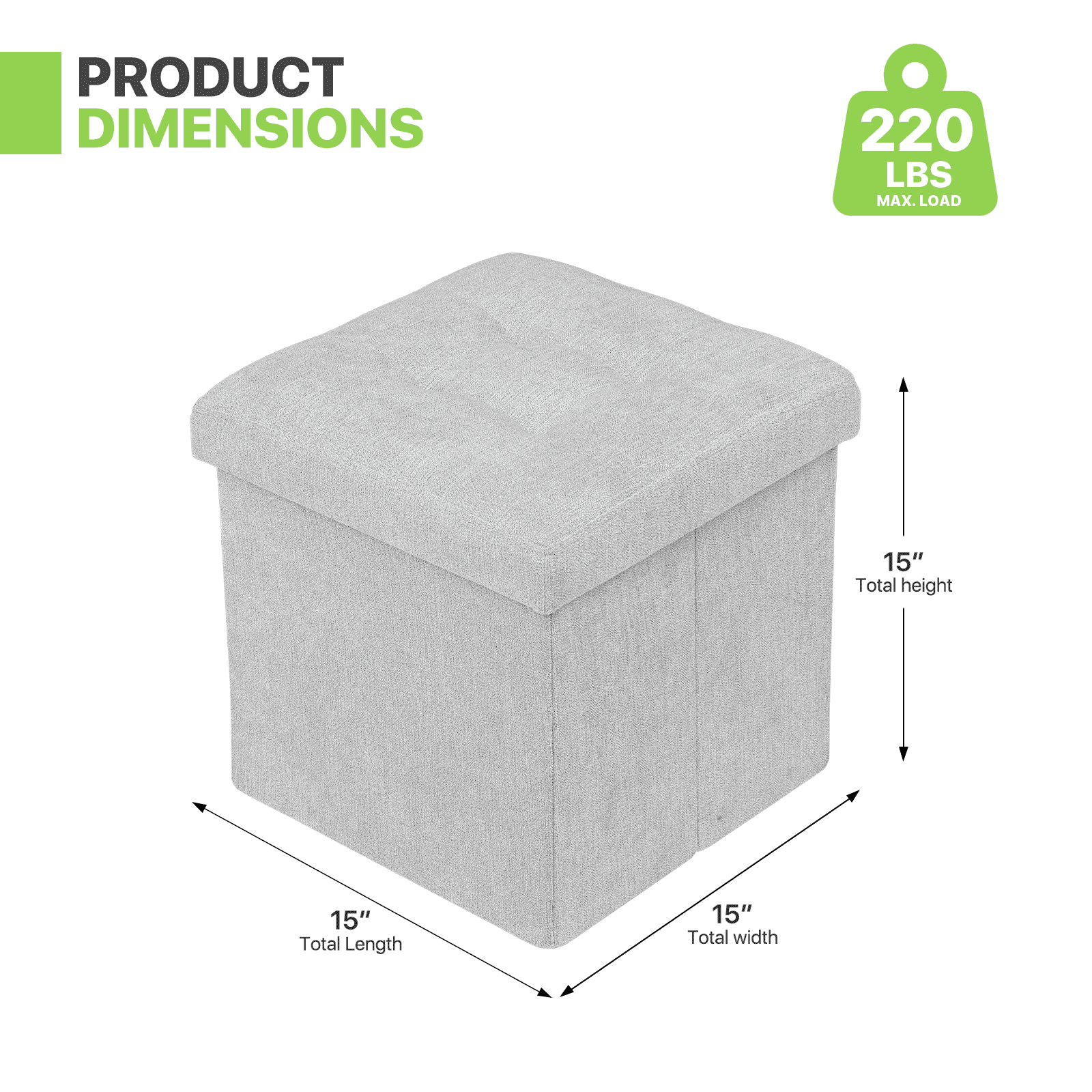 Magshion 15" Cube Folding Ottoman with Storage, Cotton-linen Collapsible Storage Ottoman Foot Stool, for Living Room Bedroom Entryway, Light Gray