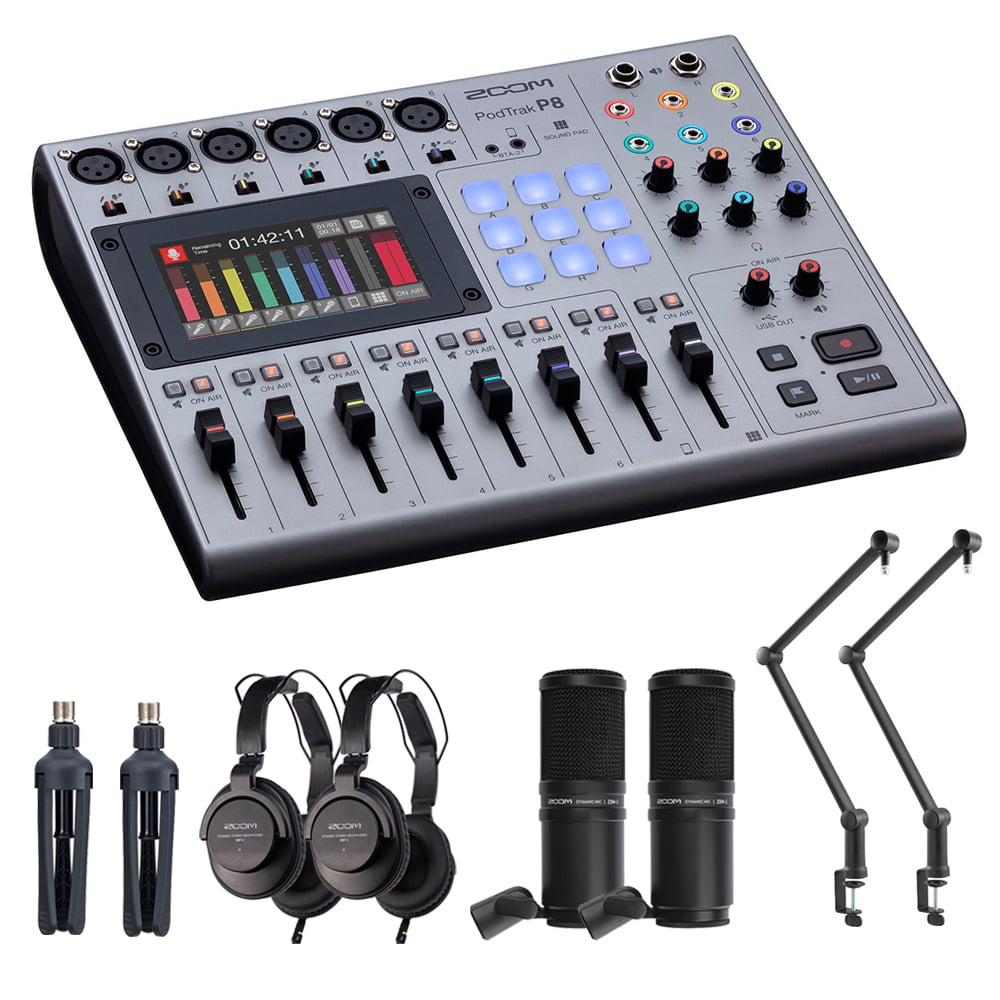 Zoom PodTrak P8 Portable Podcast Recorder Bundle with 2x Zoom ZDM-1 Podcast  Mic Pack & 2x Boom Arm
