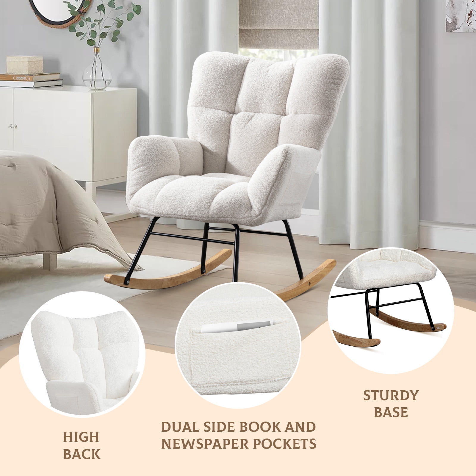 Teddy Fabric Rocking Chair, Upholstered Rocker Armchair with High Backrest, Modern Rocking Accent Chair for Nursery, Living Room, Bedroom, White