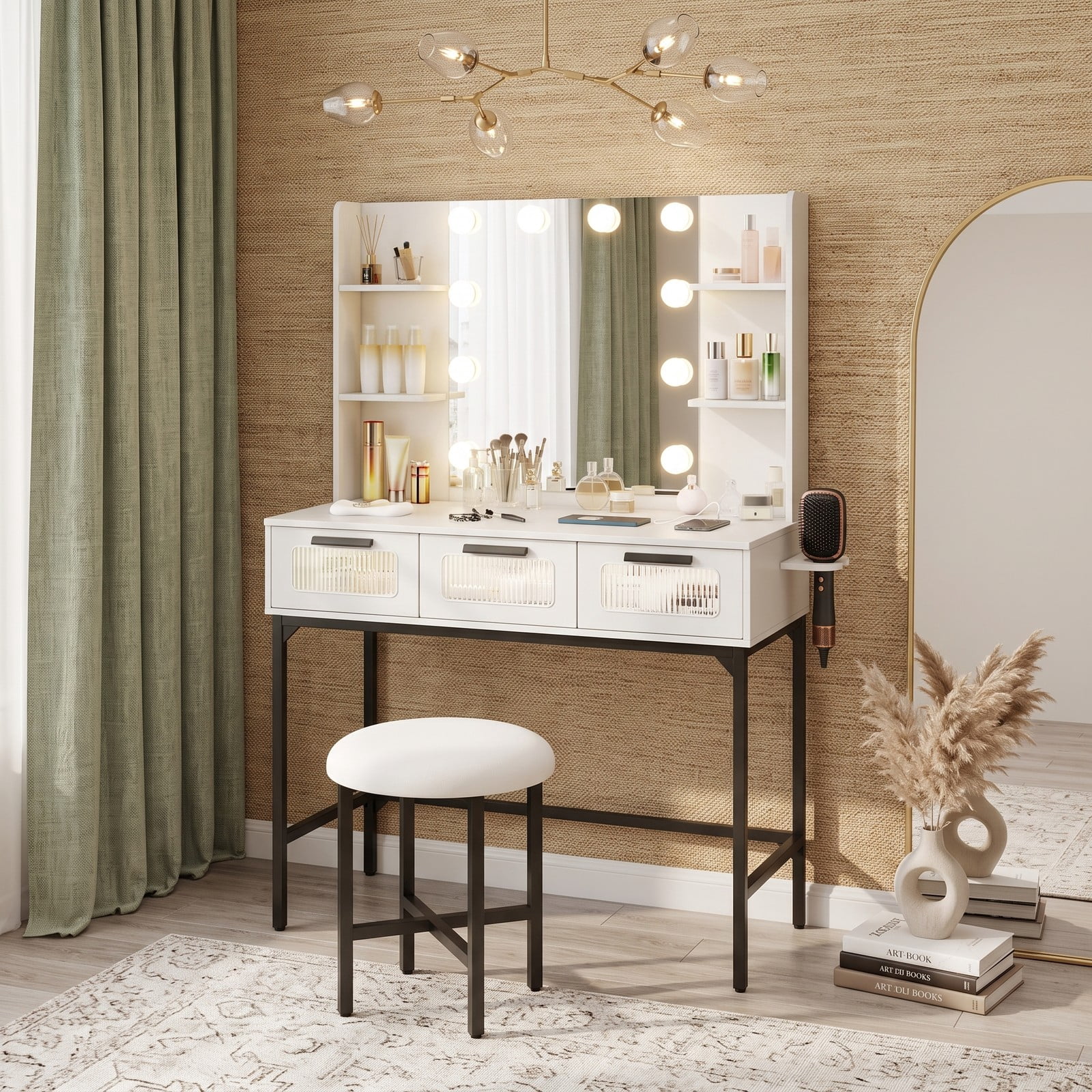 Furnibear Makeup Vanity Desk with Hollywood Mirror and 10 Lights Padded Stool Built-In Charging Station for Bedroom, White