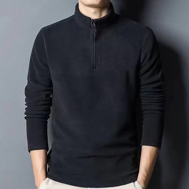 Blusa y camisa de manga larga con cuello alto para hombre, color liso, manga larga, cuello redondo, botones, informal, de poliéster