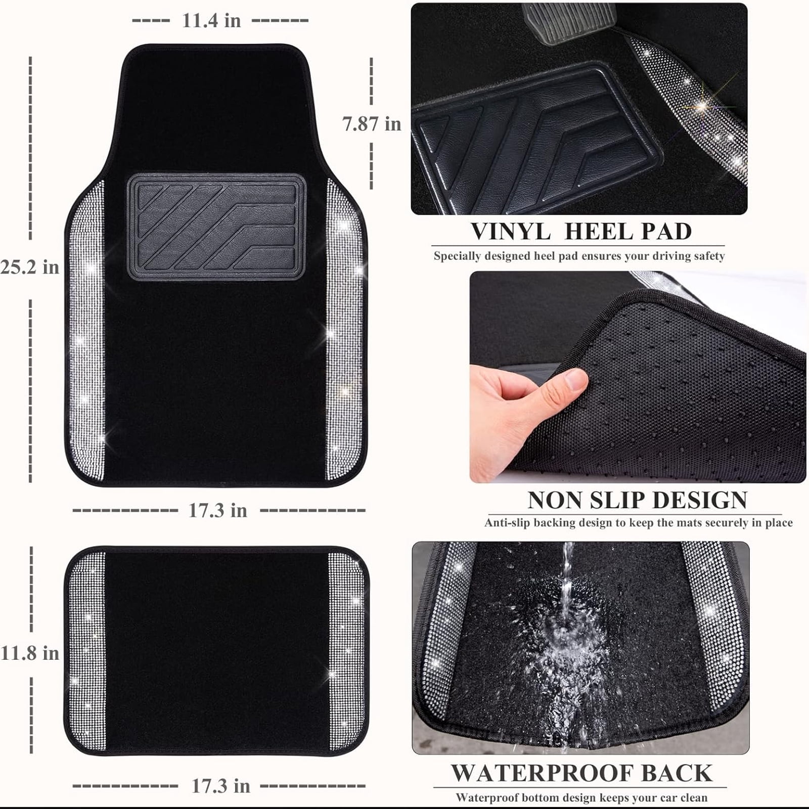 Car-Grand Bling Rhinestone Diamond car floor mats shining carpet sparkly glitter crytal with anti-slip heel waterproof universal fit cute girl women 4pcs Black silver