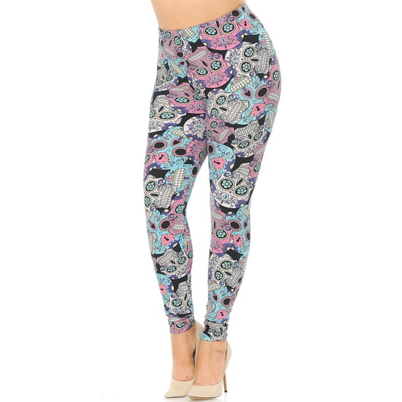 Plus Size - Buttery Soft Pastel Sugar Skull Print Leggings