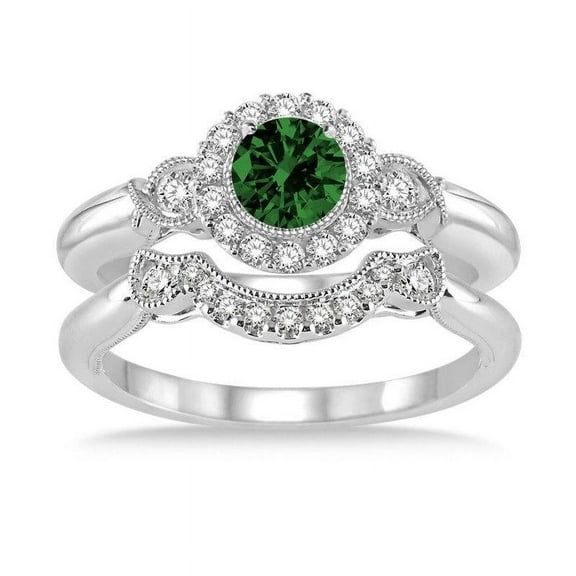 1.25 Carat Emerald & Diamond Antique Three Stone Flower Halo Bridal Set in 14k White Gold emerald and diamond engagement ring