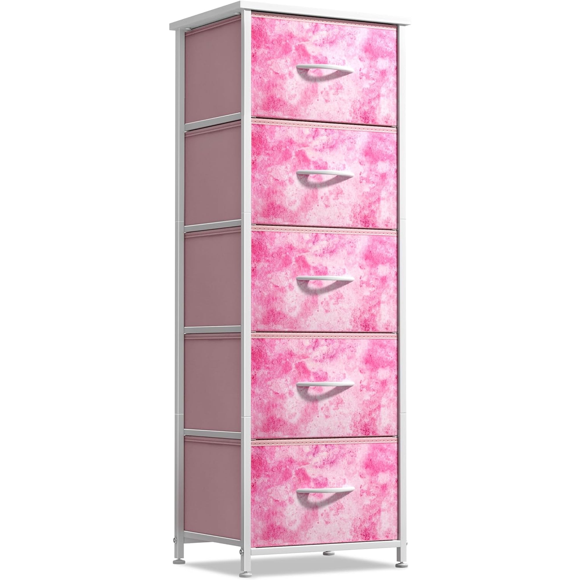 Sorbus Fabric Dresser for Kids Bedroom - Chest of 5 Drawers, Tall Storage Tower, Clothing Organizer, for Closet, for Playroom, for Nursery, Steel Frame, Fabric Bins - Wood Handle (Tie-dye Pink)