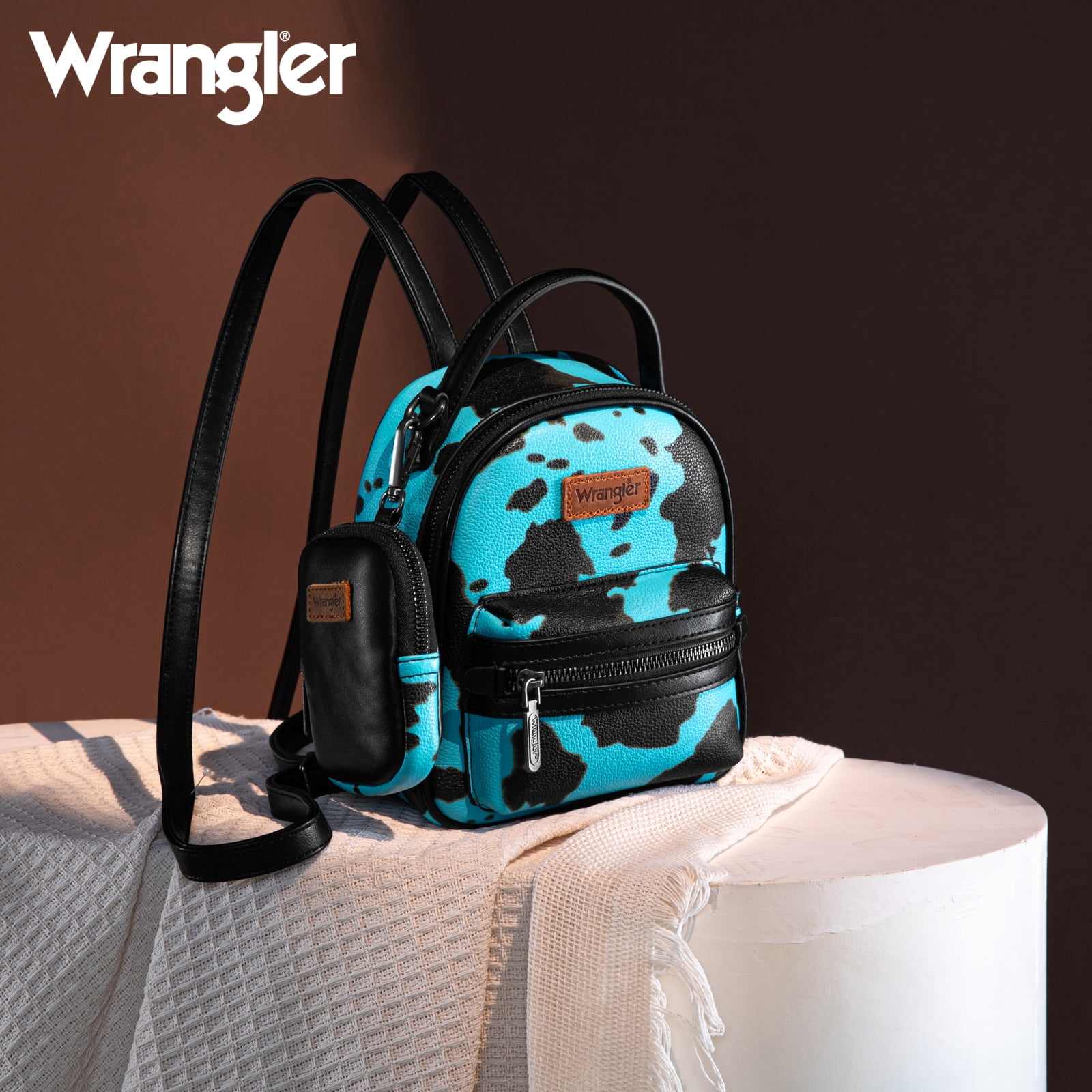 Wrangler Mini Backpack Cute Cow Print Backpack Purse for Women, Turquoise