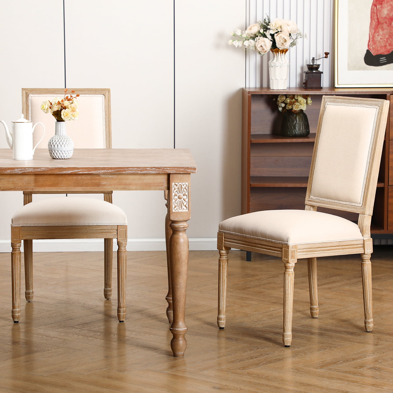 Furniliving French Country Dining Chairs Set of 2, Dining Room Chairs with Rubber Wood Legs, Beige