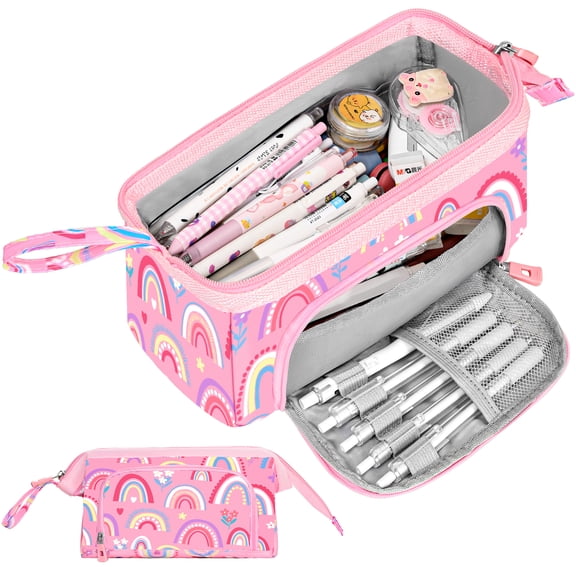 SCIONE Large Pencil Case for Girls, Cute Cartoon Rainbow Pink Pencil Pouch Big Capacity Pencil Organizer Bag, Students School Supplies Back to School Kids Gifts Teen Girls Zipper Pen Box