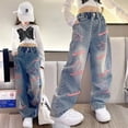 thumbnail image 2 of Girls School Wide Leg Pants with Heart Star Design Casual Loose 2024 Kids Fashion Long Jeans Children Korean Style Trousers, 2 of 5