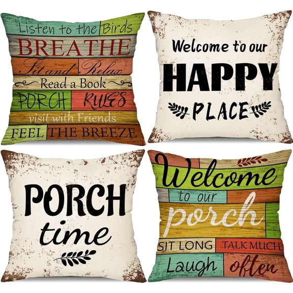 Summer Retro Outdoor Throw Pillow Covers 18x18 Inch Set of 4 Welcome to Our Porch Sign and Breathe Letter Decor Pillow Covers for Swing Garden Hammock Chair Sofa