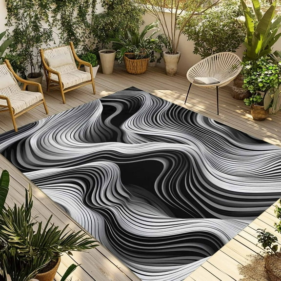 Fsddascl Abstract Waves Outdoor Rug for Patio/Deck/Porch, Non-Slip Large Area Rug 4 x 6 Ft, Black Grey Modern Geometric Striped Indoor Outdoor Rugs Washable Area Rugs, Reversible Camping Rug Carpet