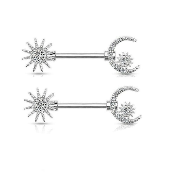 2PCS Surgical Steel 14G Nipple Rings Barbells Crystal Sun Crescent Moon Star Nipple Bars Women Piercing Jewelry 14mm 9/16 Inch