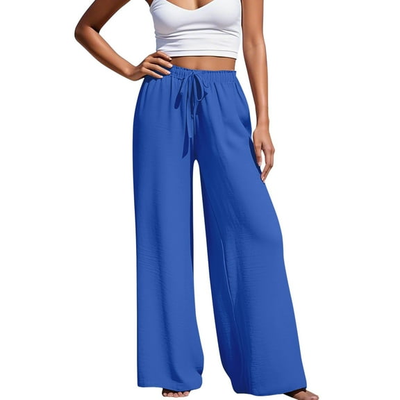Jamsmile Womens Pants Casual Drawstrings Straight Wide Leg Long Pants Comfortable Spring Summer Lounge Beach Trousers
