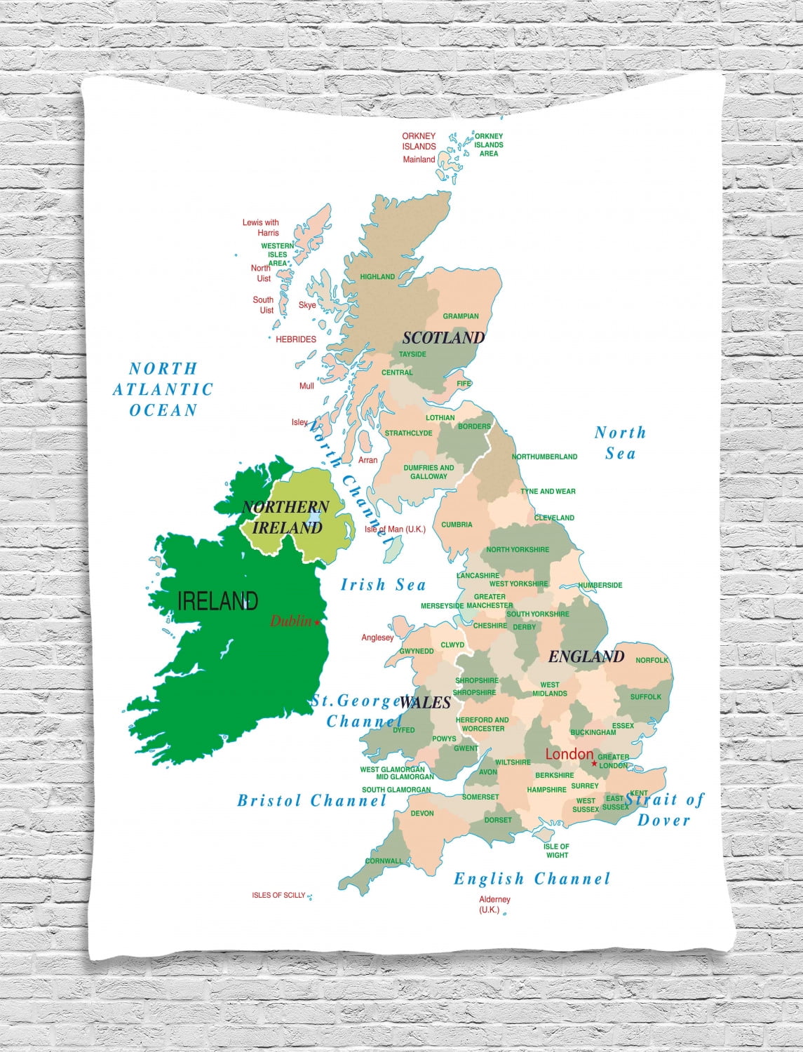 Ireland Map Tapestry, Info-Graphics with Names of Countries and Seas Indicated English Channel 