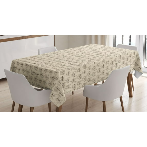 Hipster Tablecloth, Hand Drawn Cat Portraits with Glasses and Neck Ties Gentleman Characters, Rectangle Satin Table Cover for Dining Room and Kitchen, 60" X 84", Beige and Chocolate, by Ambesonne