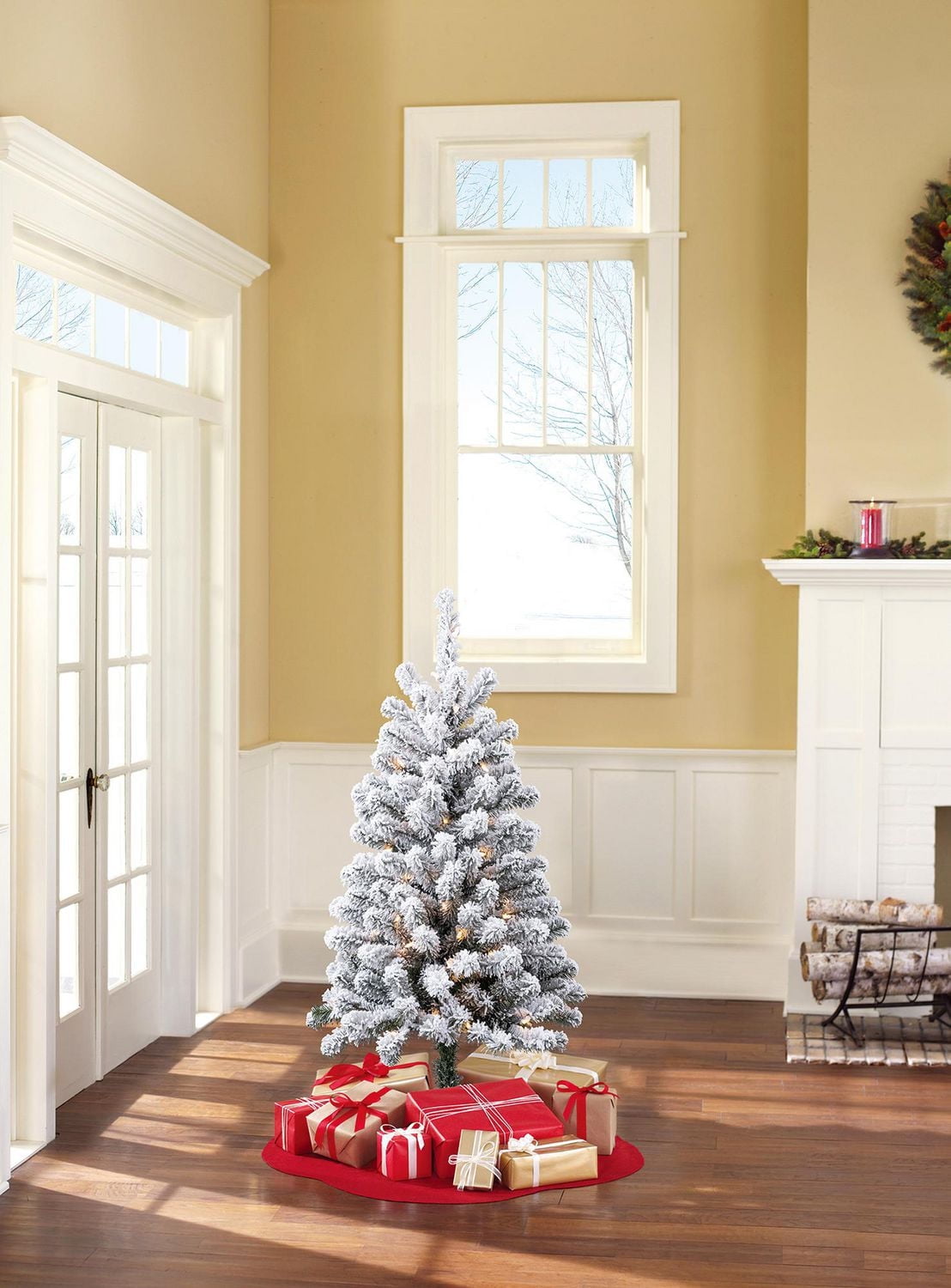 Holiday Time Greenfield 4' Pre-Lit Regular Full Flocked Pine Christmas Tree - Green