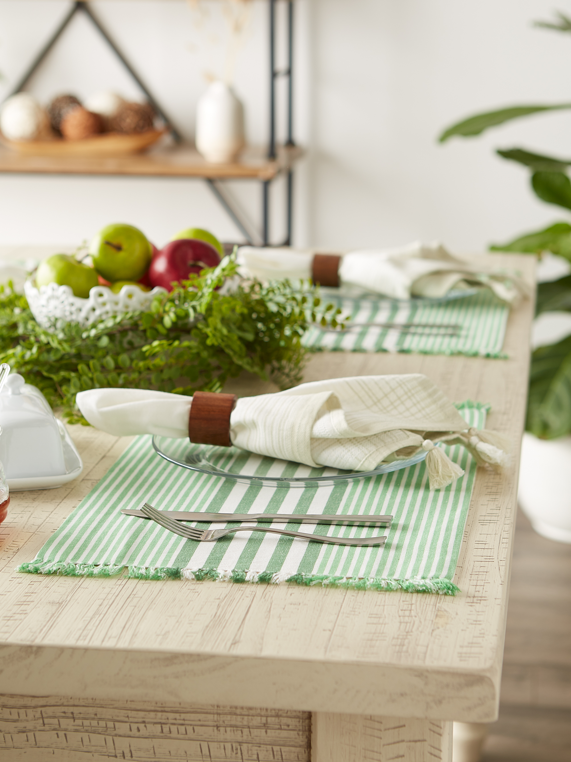 Contemporary Home Living Awning Striped Fringed Cotton Placemats - 19" - Forest Green and White -