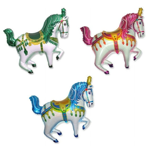 Blue Pink and Green (3 Pieces) 35" Carousel Fair Carnival Horse Mylar Foil Balloons