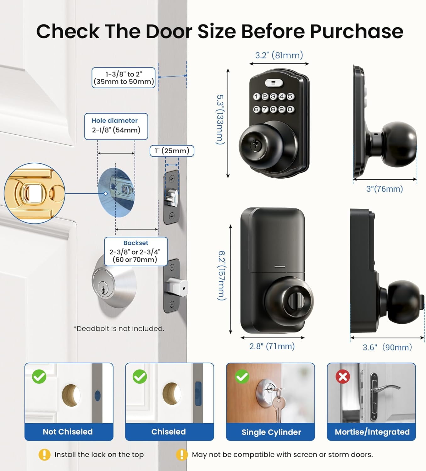 Veise Keypad Door Knob Lock, Keyless Entry Digital Lock for Front Door & Bedroom, Easy Installation, Auto-Locking, Matte Black