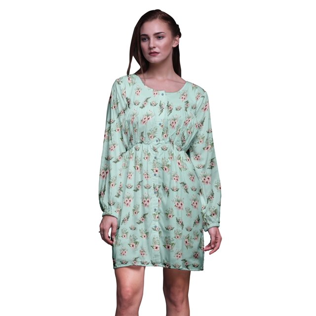 Bimba Vert Mignon Dahlia et Rose Floral Tunique pour Femme Haut à Manches Longues Boutonné Imprimé Robe Courte Décontractée-Petit
