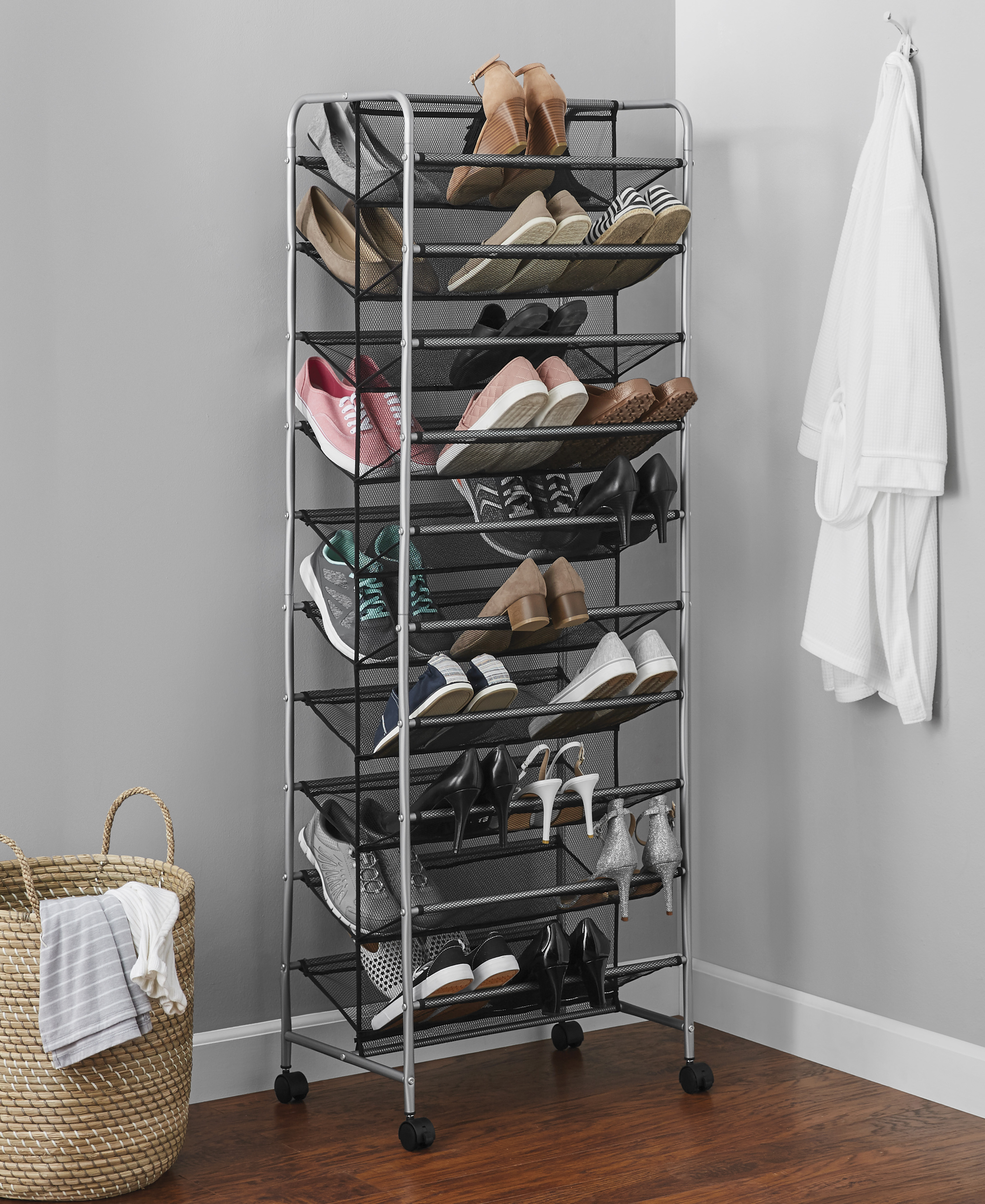 Mainstays 10 Tier Mesh Rolling Shoe Rack Walmart Com Walmart Com