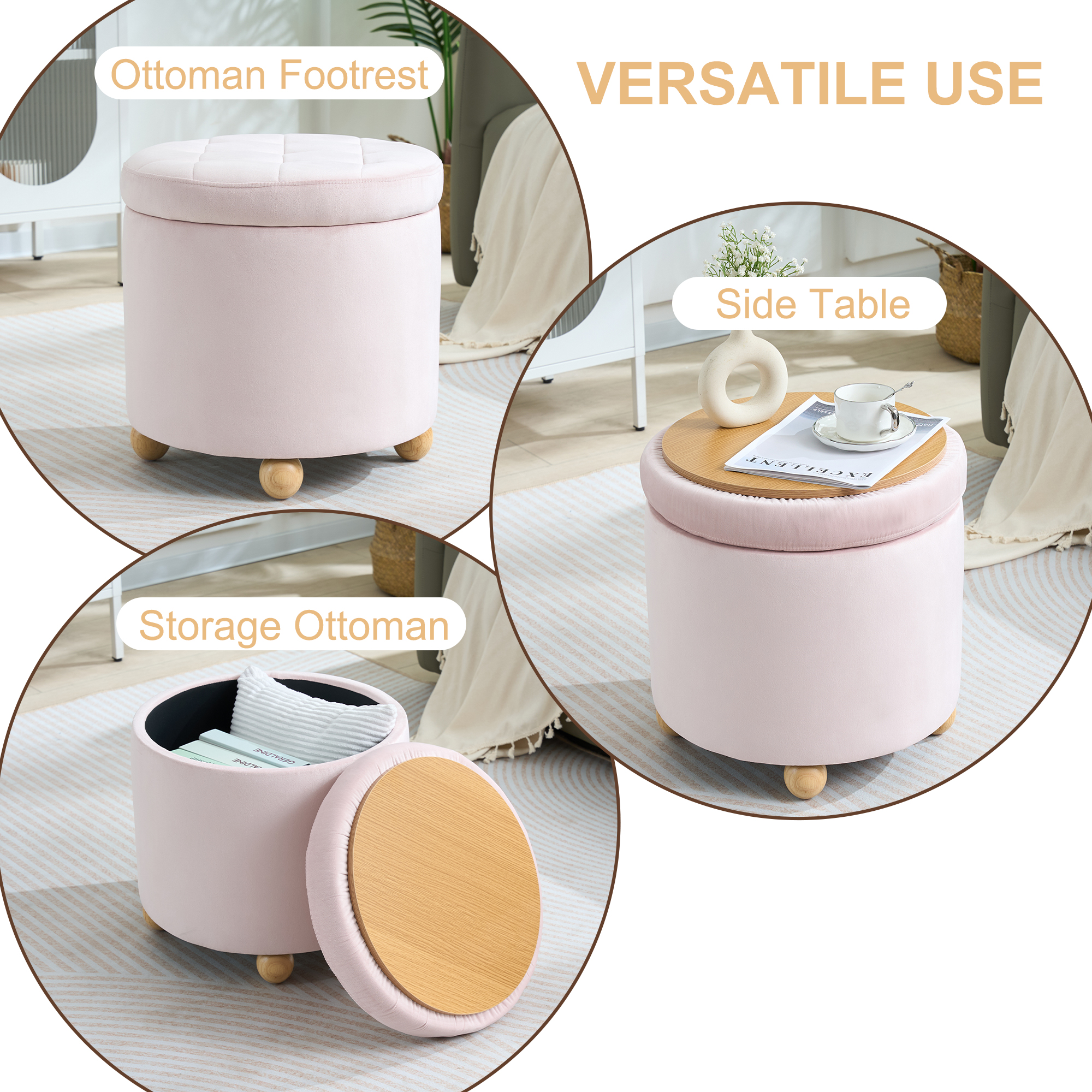 Round Velvet Storage Ottoman with Reversible Tray Lid, Tufted Upholstered Footrest Stool with Wooden Legs