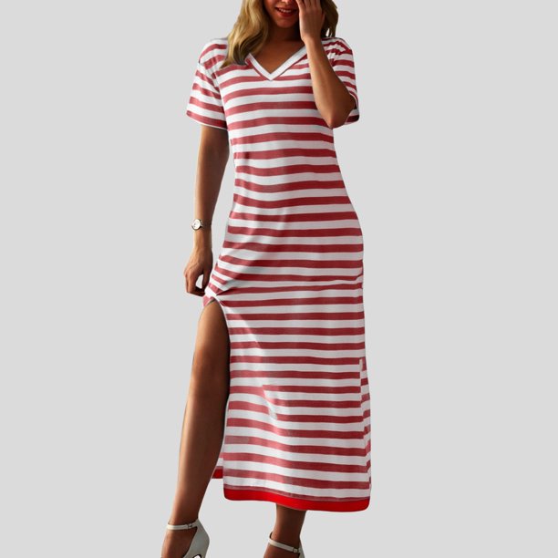 WILLBEST Vestidos Floreados para Mujer, Vestido de Verano Informal de Moda para Mujer, Vestido Largo de Manga Corta, Vestido Estilo Camiseta A Rayas, Vestido Largo con Bloques de Color Grande