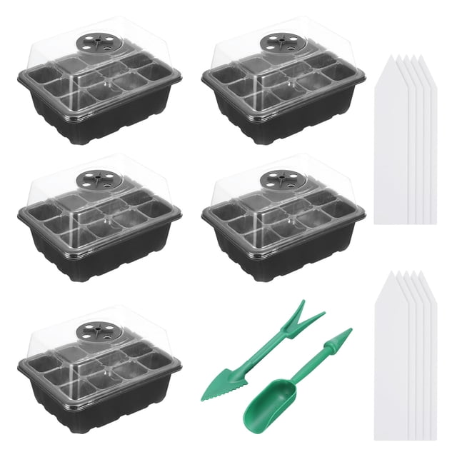 Unique Bargains Kit de Plateau de Semis 12 Cellules, avec Dômes d'Humidité Réglables et Base pour Plantation en Serre, Noir 5 Pack
