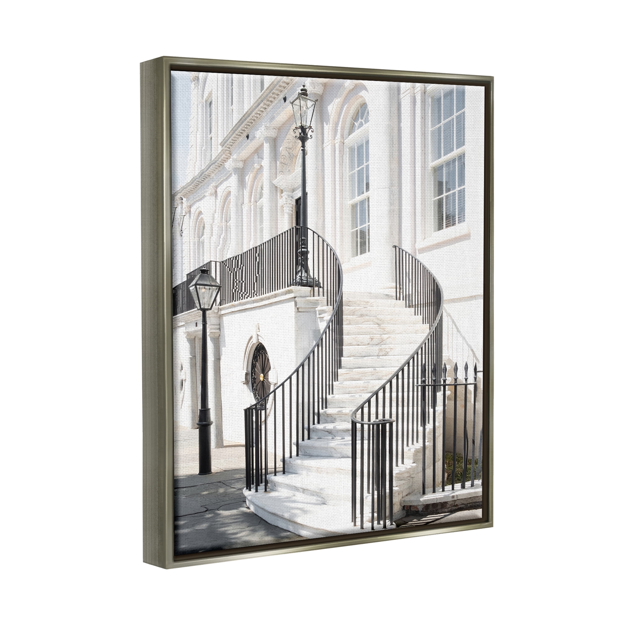 Stupell Industries White Staircase Architecture Travel & Places Painting Gray Floater Framed Canvas Art Print Wall Art, 25 x 31