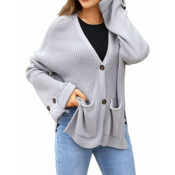 Women Chunky Knit Sweater Long Sleeve V Neck Button Up Cardigan with Pocket Coat for Fall and Winter Grey L