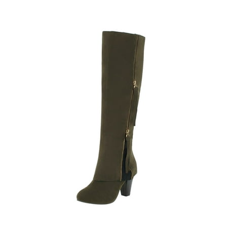 jsaierl Women Boots Winter Square High Heel Knee-high Zip Pointed Toe Shoes Fleece Vamp Female Boots