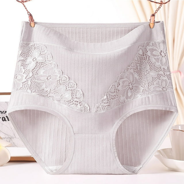 Meichang Womens Cotton Underwear Plus Size Soft Lace Patchwork Ribbed Panties High Waisted Comfort Leak Proof Briefs Panties