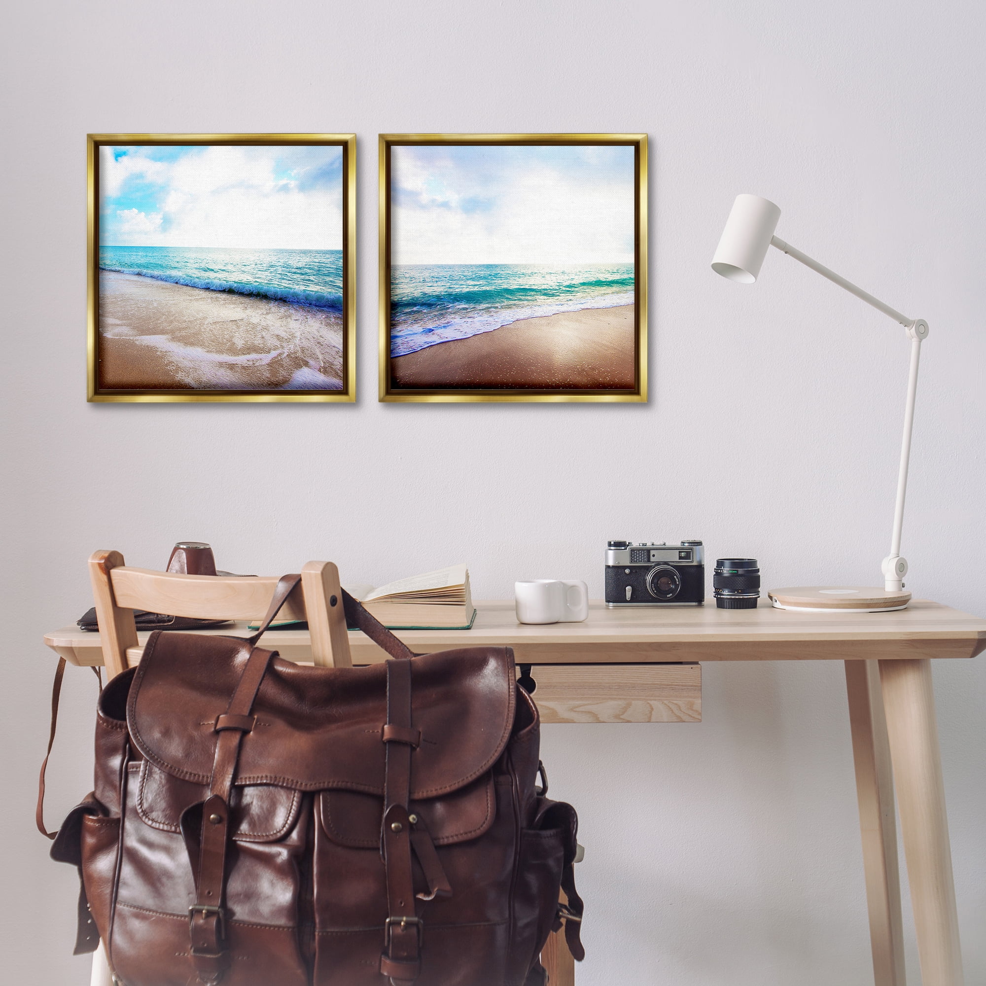 Stupell Industries Waves Breaking Shoreline Landscape & Nature Photography Gold Floater Framed Canvas Art Print Wall Art, 18 x 18, Set of 2