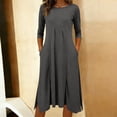 thumbnail image 6 of NSLGXD Women's 3/4 Sleeve Casual Dress Crew Neck Solid Color Pleated Midi Dresses Summer Work Office Formal Dress with Side Split Gray Dress,Size S-2XL, 6 of 6