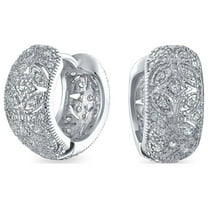 Bling Jewelry Womens Victorian Style CZ Accent Wide Filigree Flower Huggie Mini Hoop Earrings Silver