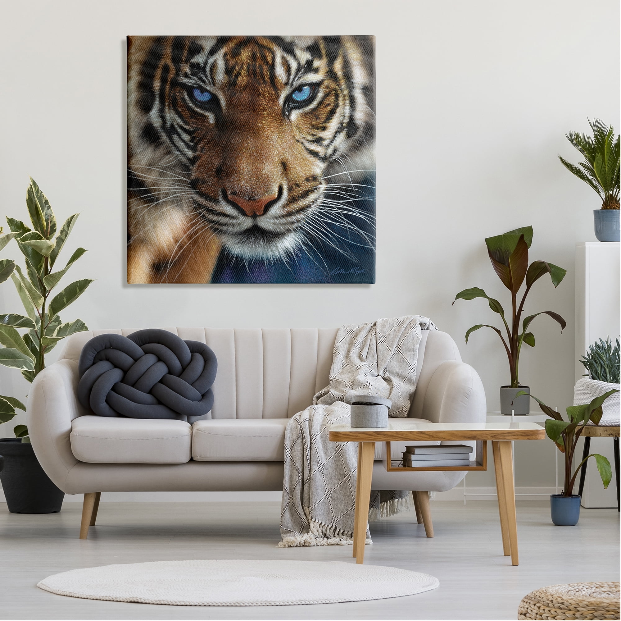 Stupell Industries Blue Eyed Beautiful Fierce Tiger Close Up Detailed Portrait Paintings Gallery-Wrapped Canvas Print Wall Art, 36x36, by Collin Bogle