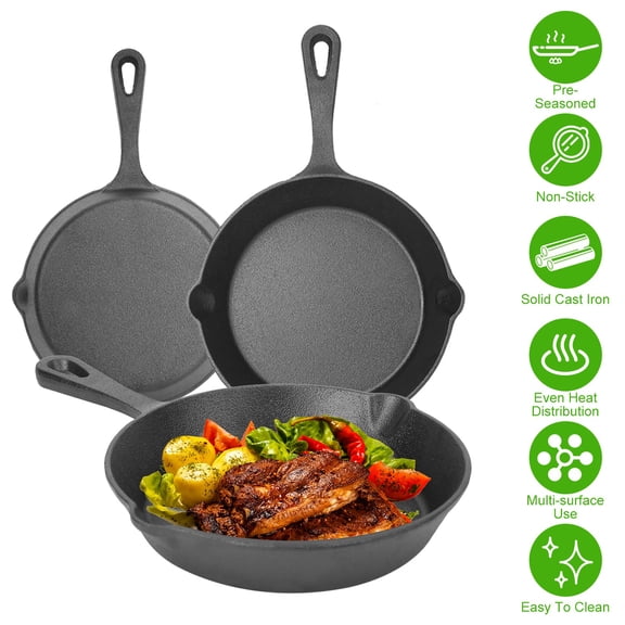Zorpupoa 3Pcs Pre Seasoned Cast Iron Skillet Set 6/8/10in Non-Stick Oven Safe Cookware Set Heat-Resistant Frying Pan