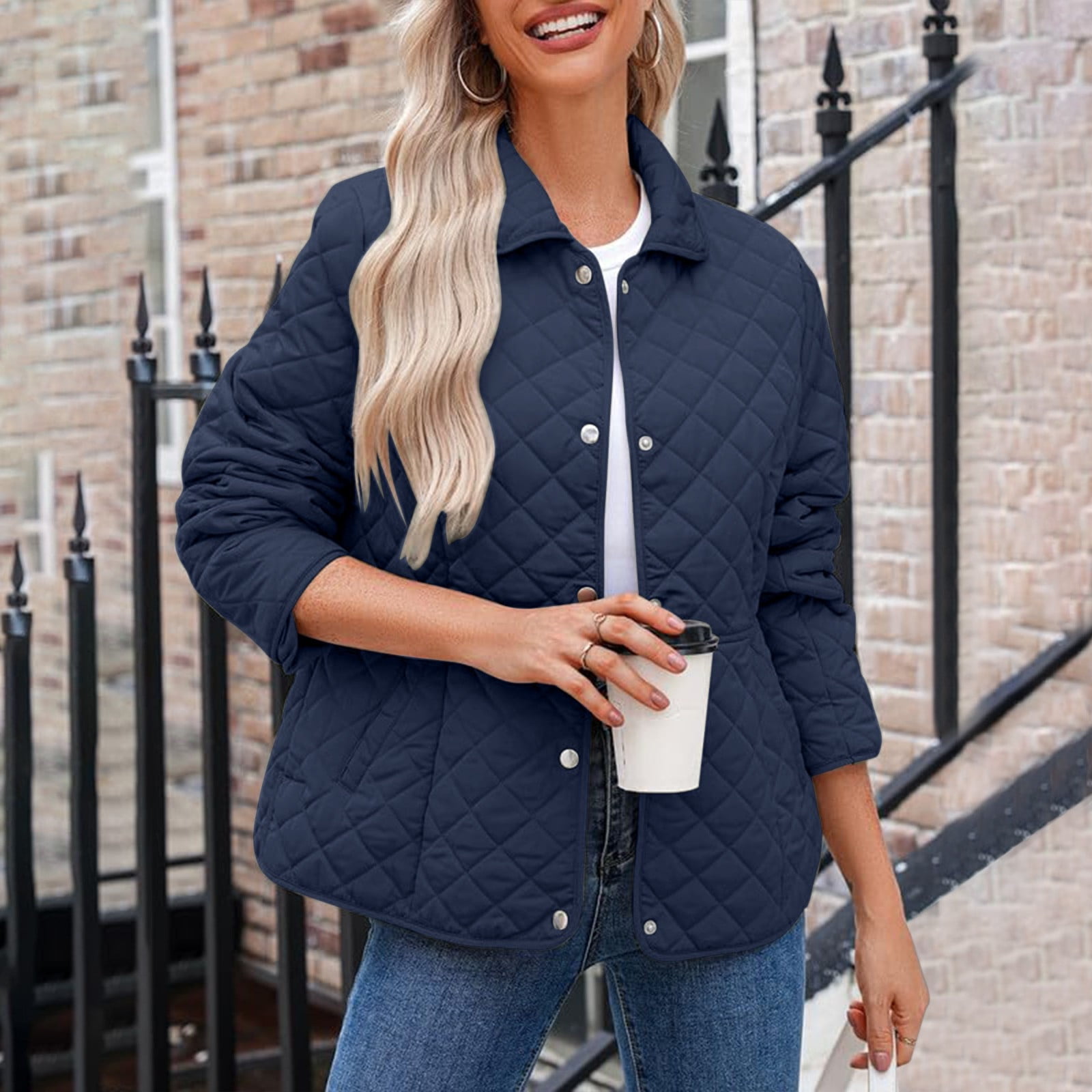 Womens Plus Size Puffer Jackets Fall Winter Long Sleeve Button-Up Coat Solid Color Light Weight Warm Padded Comfy Outwear Tops - image 5
