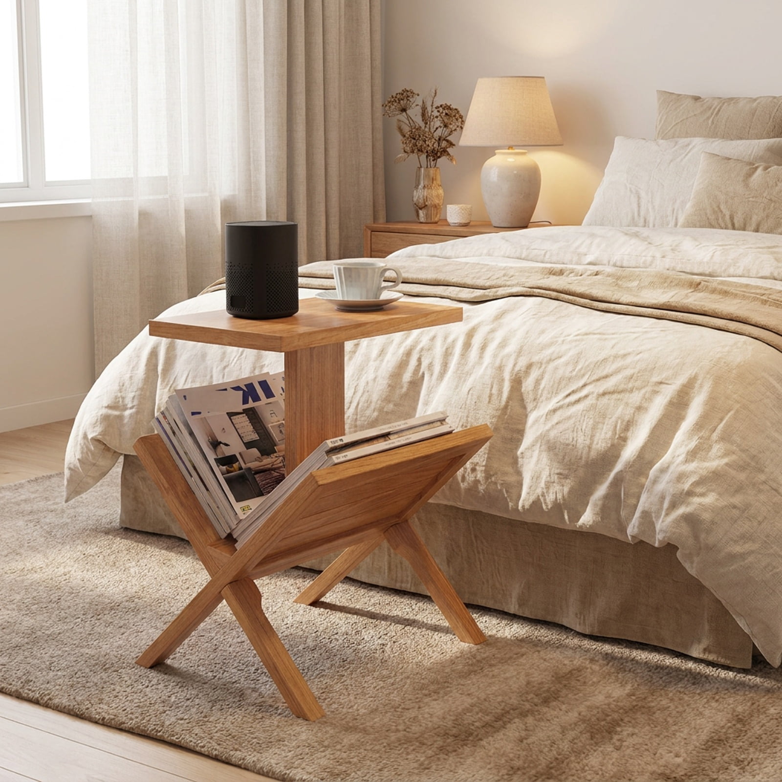 Furnibear 2 Tier Side Table with Magazine Rack and Solid Teak Wood Frame for Living Room Bedroom and Home Office Reading Nook, Natural