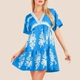 thumbnail image 7 of Womens Loose Short Sleeve V-Neck Mini Dress Color Block Floral Printed Dress Casual Ruffle Hem Short Dress, 7 of 7