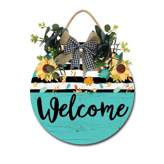 Welcome Sign Front for Door Decoration, 11 in Round Wood Wreaths Wall Hanging Outdoor, Farmhouse, Porch, for Spring Summer Fall All Seasons Holiday Christmas