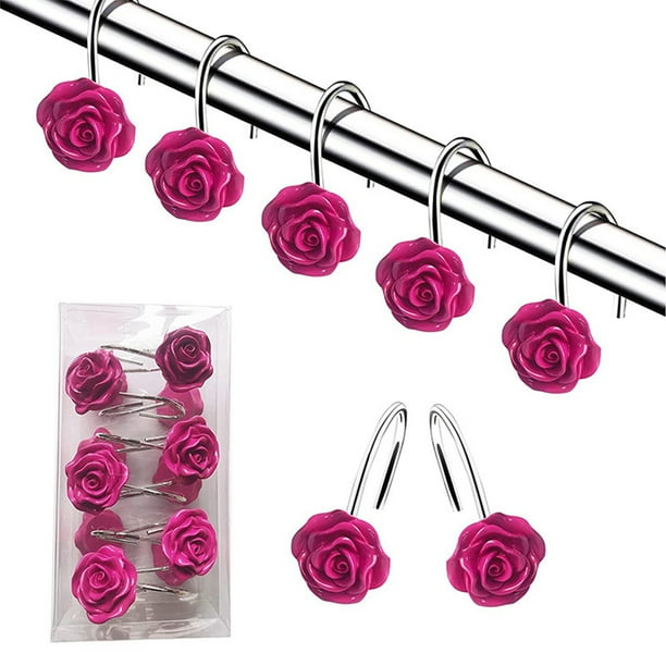 Ganchos para cortina de ducha con rosas | Anillas decorativas de plástico para cortinas de baño y ventana | Elegante diseño de rosas en rosa, rojo, morado y blanco