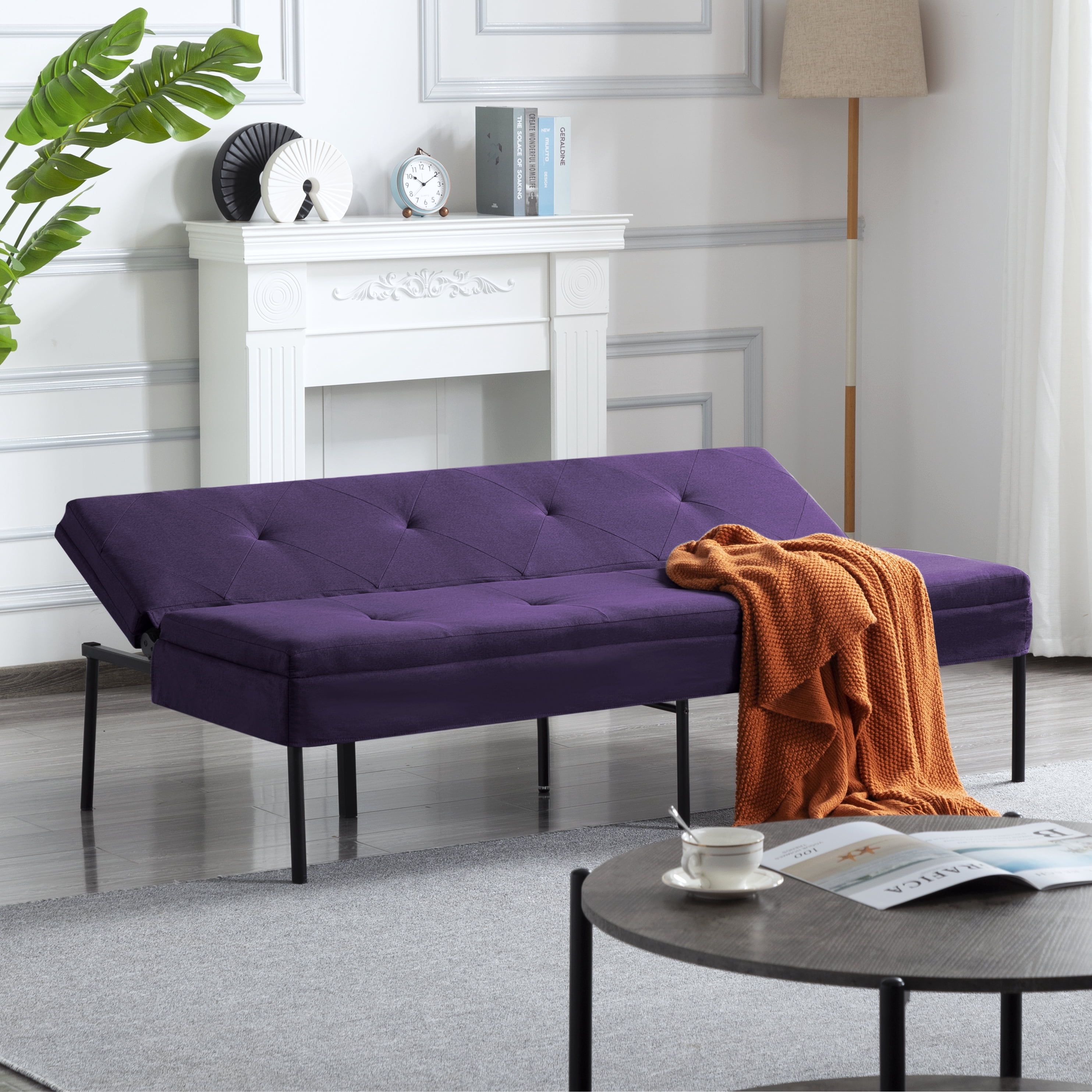 BSHTI 63.39" Futon Sofa Bed with 5 Adjustable Positions – Polyester Fabric Convertible Sleeper Couch with Iron Frame, Clean-Lined Modern Design for Living Room, Apartment, Office, Dormitory, Purple