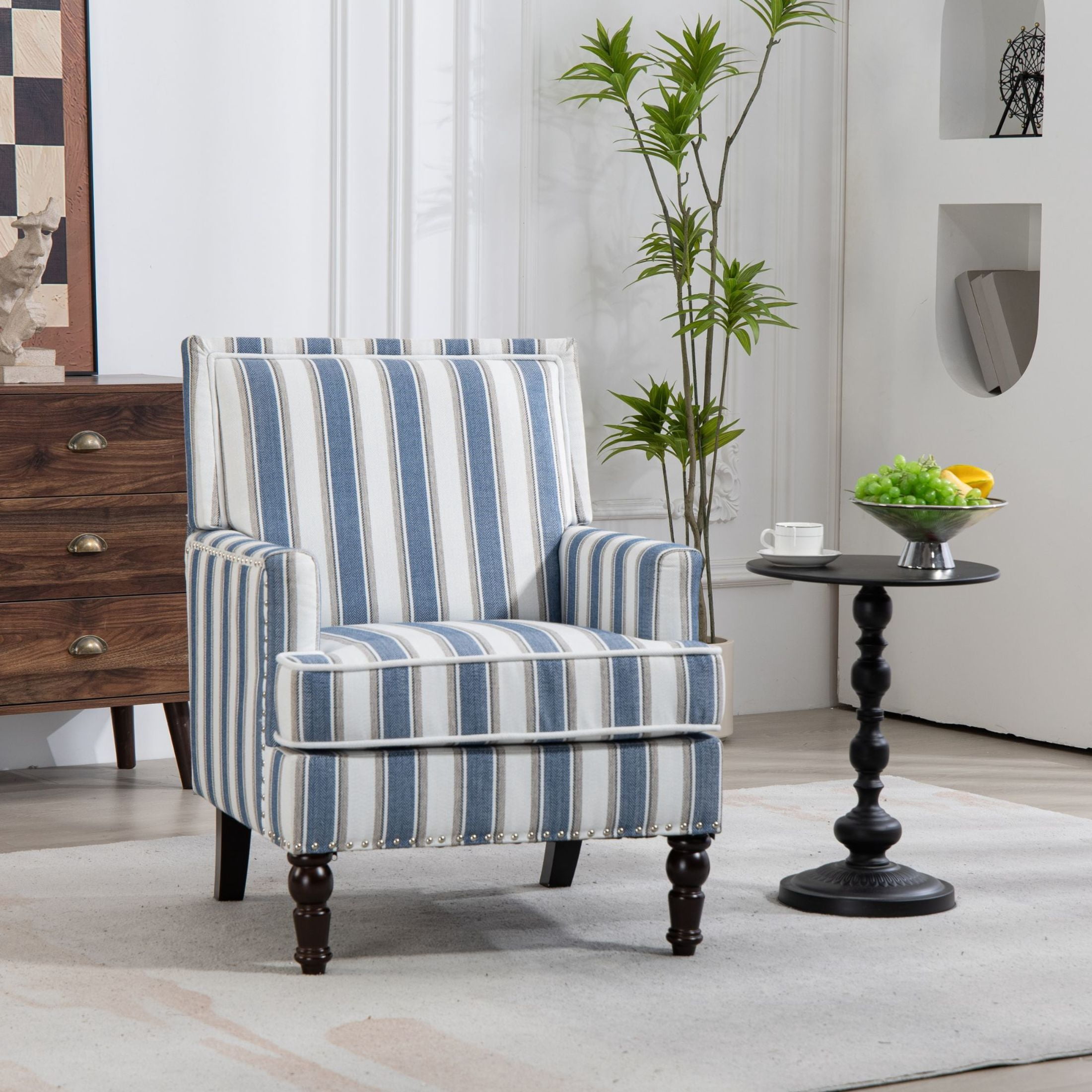 GDF Studio Zerra Vintage Upholstered Armchair with Solid Wood Legs & Nailhead Trim, Classic Stripes Accent Chair, Blue