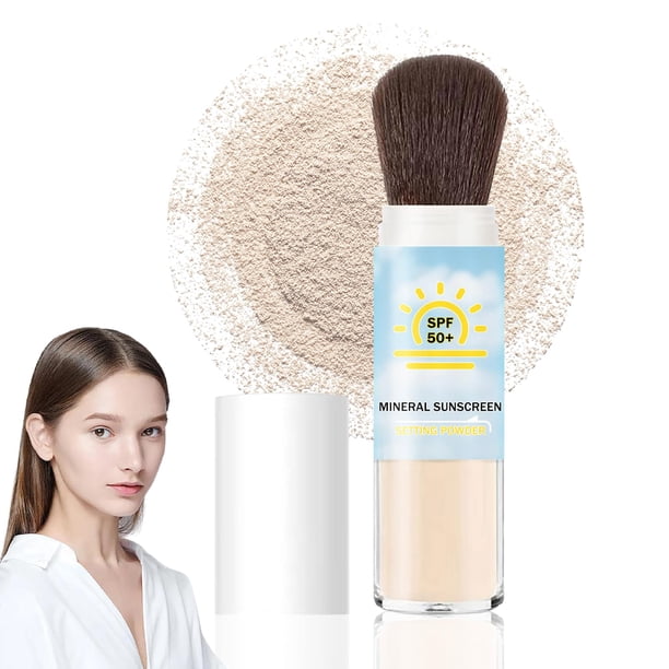 Polvo fijador de protección solar SPF 50 + Protector solar mineral translúcido con brocha para maquillaje facial Control de aceite Acabado mate Polvo de maquillaje facial ligero y transpirable