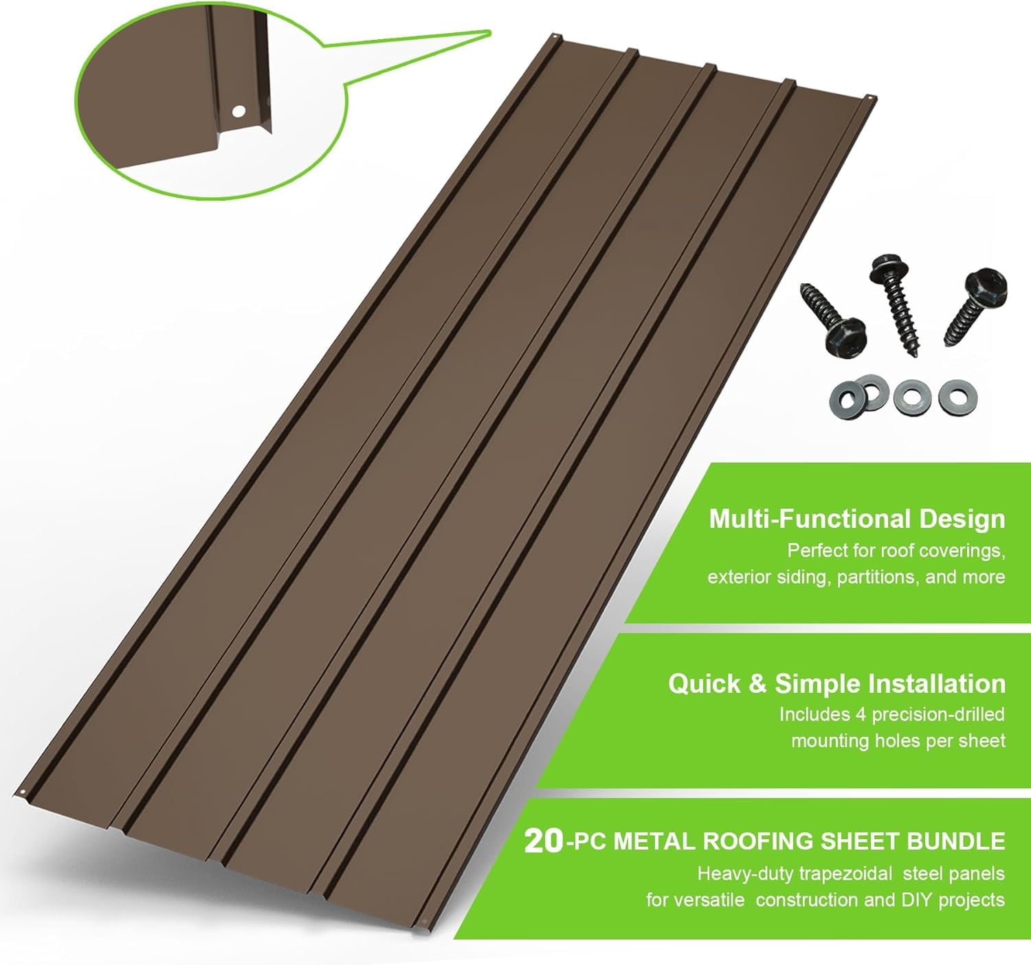 20 PCS Brown Corrugated Galvanized Metal Roofing Panels with 120 Steel Screws, Waterproof Rustproof Metal Siding for Pergola Gazebo Shed Garage