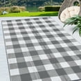 thumbnail image 2 of Haperlare 9'x18' Waterproof Outdoor Rug Plastic Straw Rug, Modern Plaid Reversible Camping Carpet Picnic Mat Geometric Outside Rug for Patio, Backyard, Balcony, Gray and White, 2 of 9