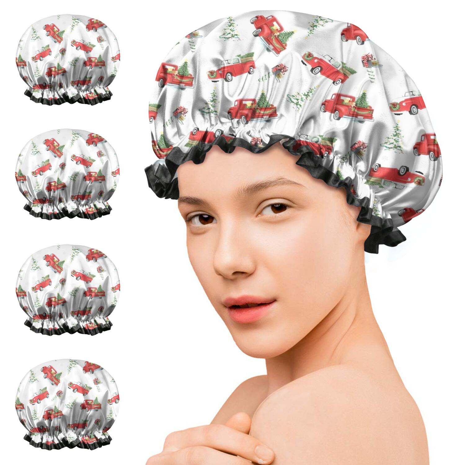 Shower Caps,Red Christmas Truck Pattern Waterproof Shower Cap for Women 4 Pieces,Double Reusable Hair Cover for Shower PEVA Elastic Stretch Hem